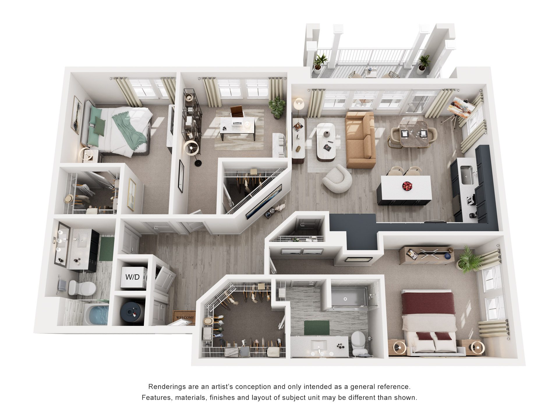 Floor plan for 3 beds, 2 baths, 1557 sqft